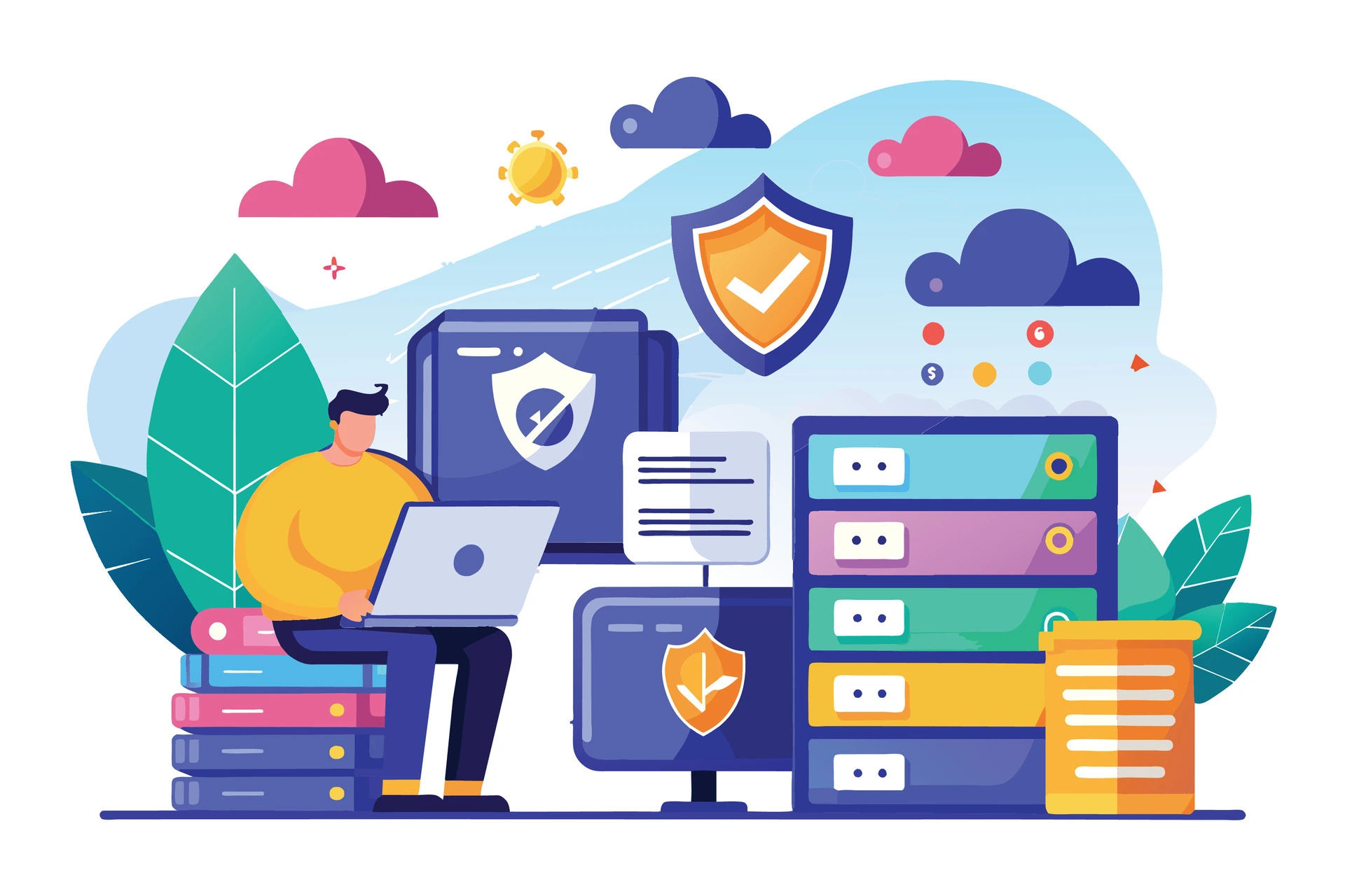 Server rack online around the clock + shield icon